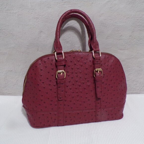 Ostrich Like Faux Leather Burgundy & Gold Accents Handbag with Gray Lining - Picture 1 of 5